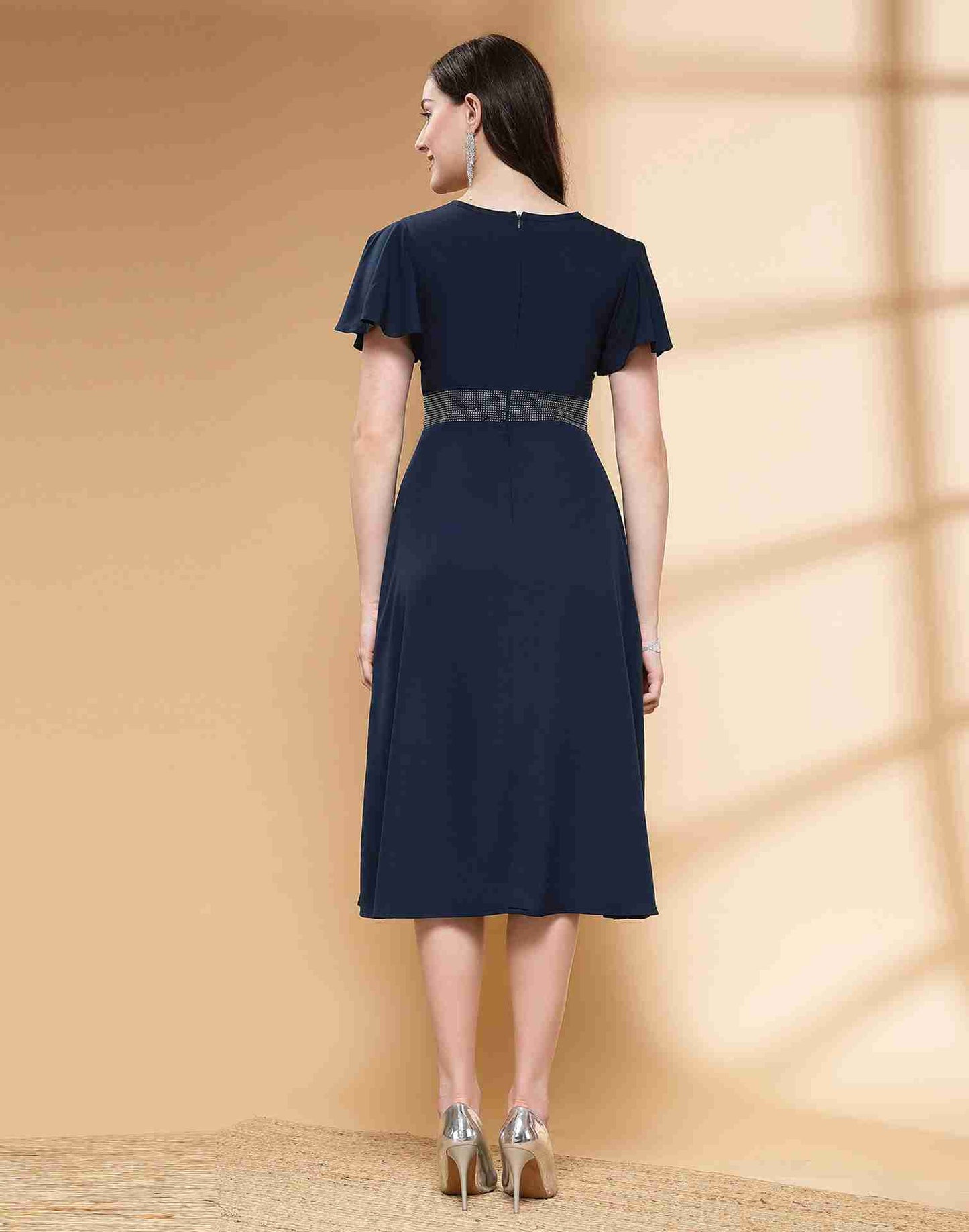 Blue Polyester Plain Dress