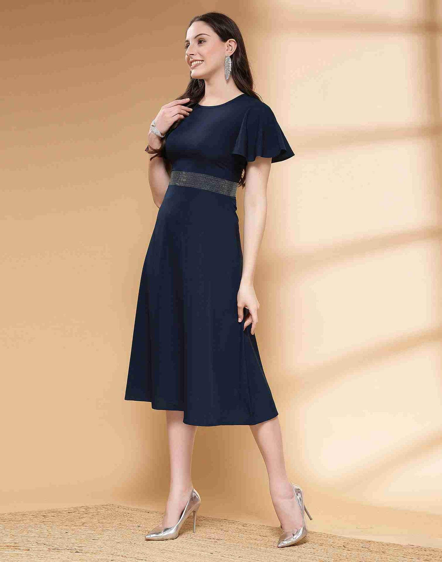 Blue Polyester Plain Dress