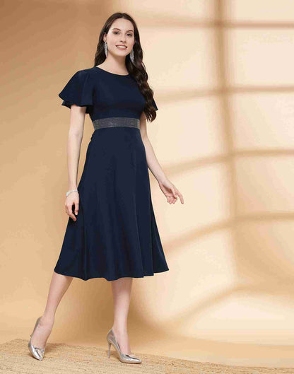 Blue Polyester Plain Dress