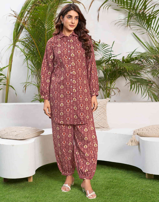 Chestnut Brown Cotton Printed Co-ord Set