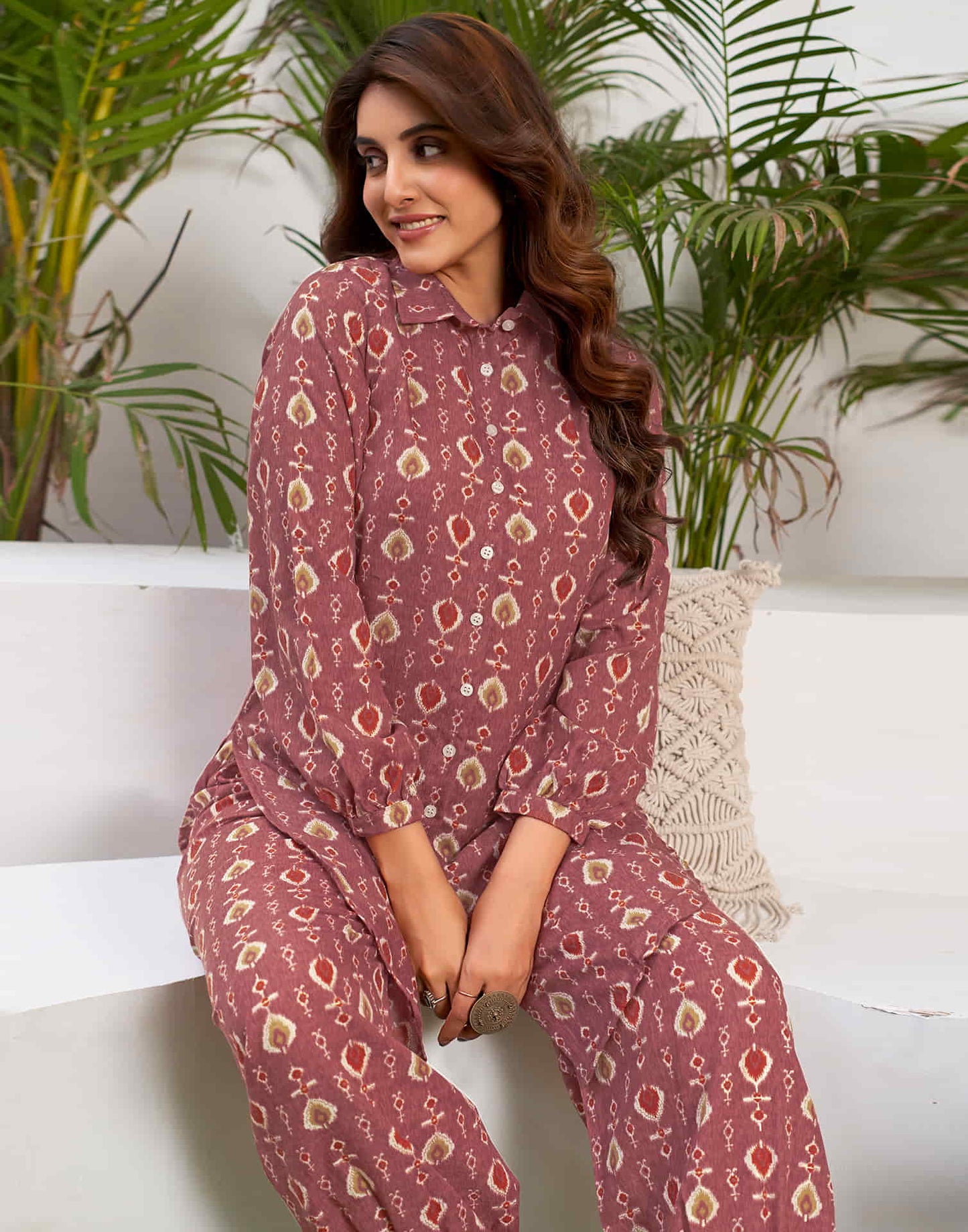 Chestnut Brown Cotton Printed Co-ord Set