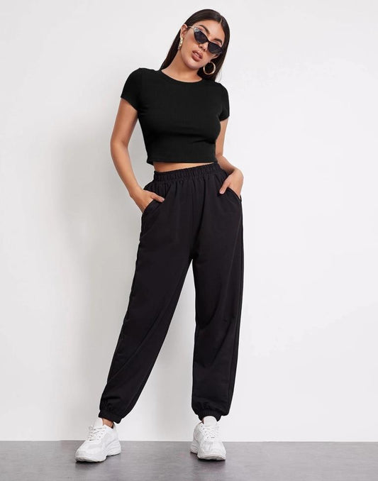 Black Cotton Knitted Crop Top