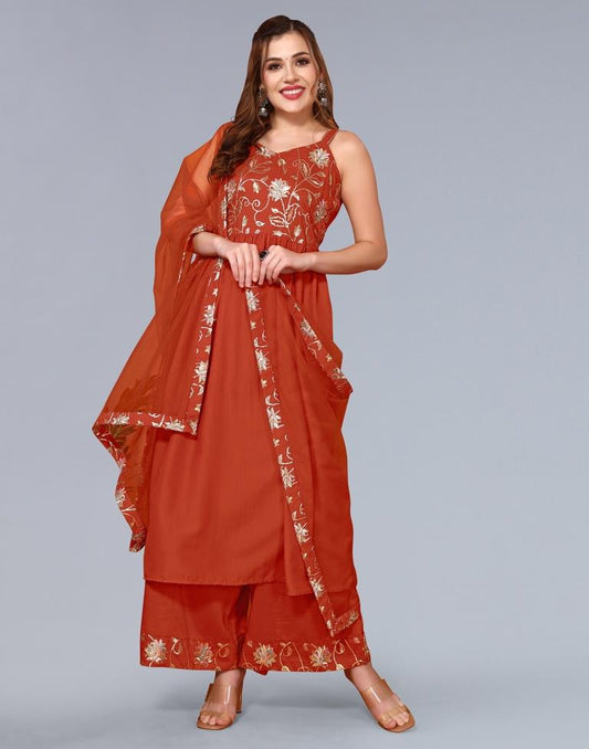 Rust Orange Embroidery Chinnon A-Line Kurta With Pant And Dupatta