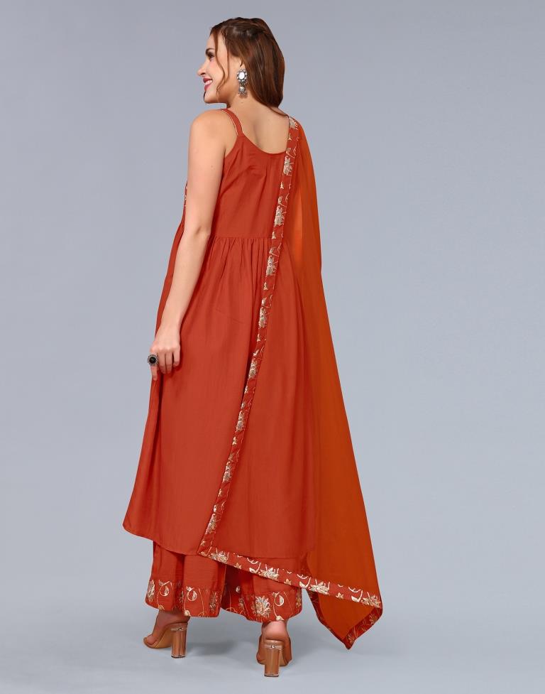 Rust Orange Embroidery Chinnon A-Line Kurta With Pant And Dupatta