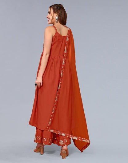Rust Orange Embroidery Chinnon A-Line Kurta With Pant And Dupatta