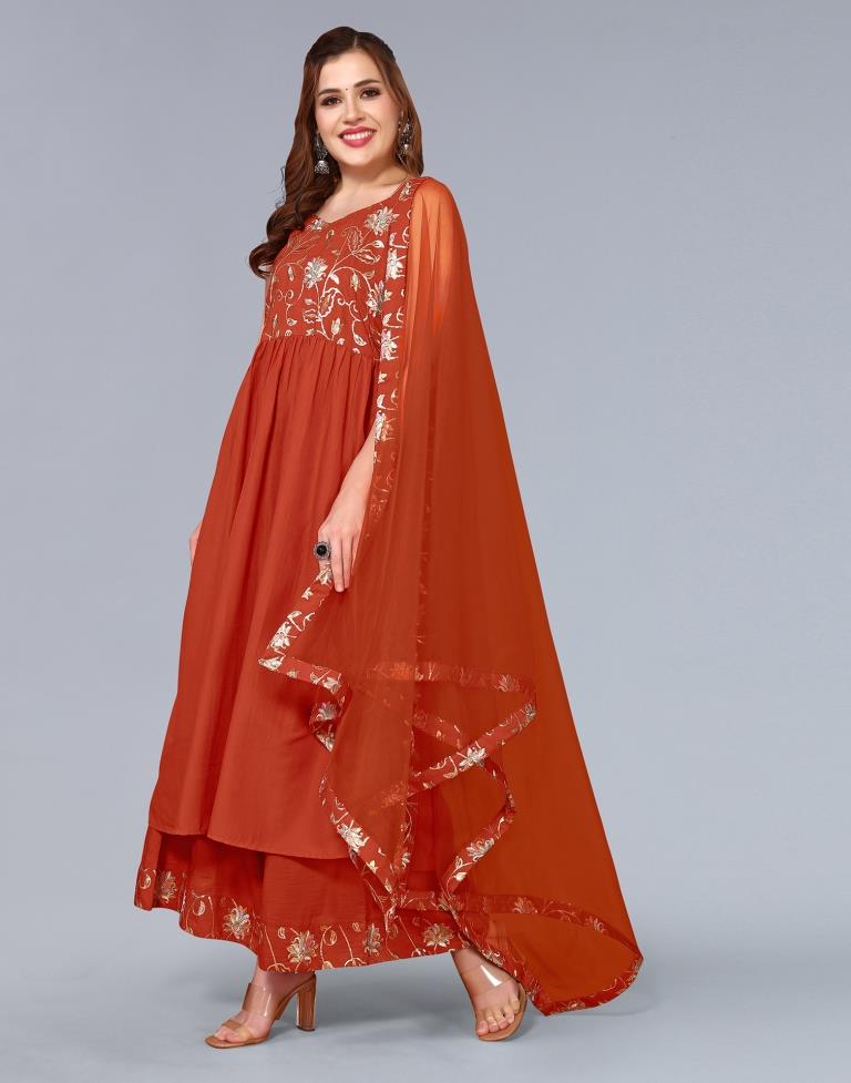 Rust Orange Embroidery Chinnon A-Line Kurta With Pant And Dupatta