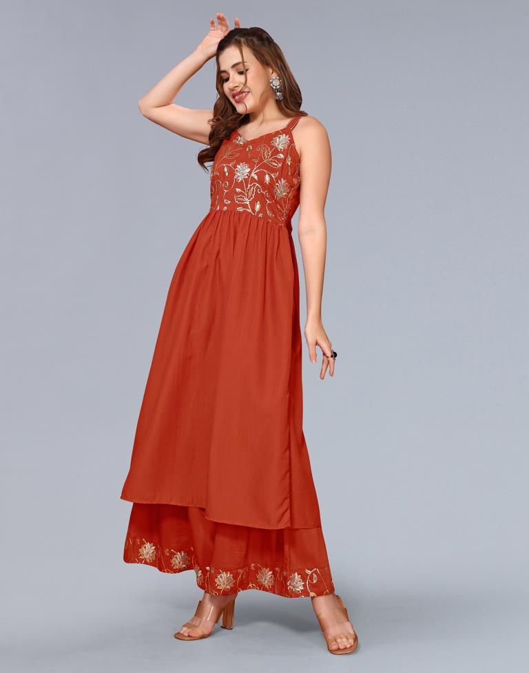 Rust Orange Embroidery Chinnon A-Line Kurta With Pant And Dupatta