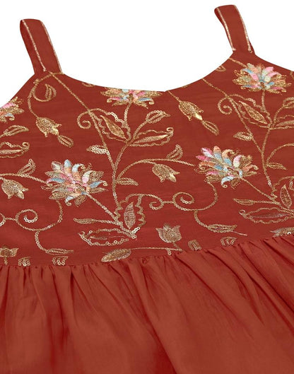 Rust Orange Embroidery Chinnon A-Line Kurta With Pant And Dupatta