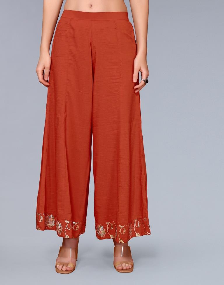 Rust Orange Embroidery Chinnon A-Line Kurta With Pant And Dupatta