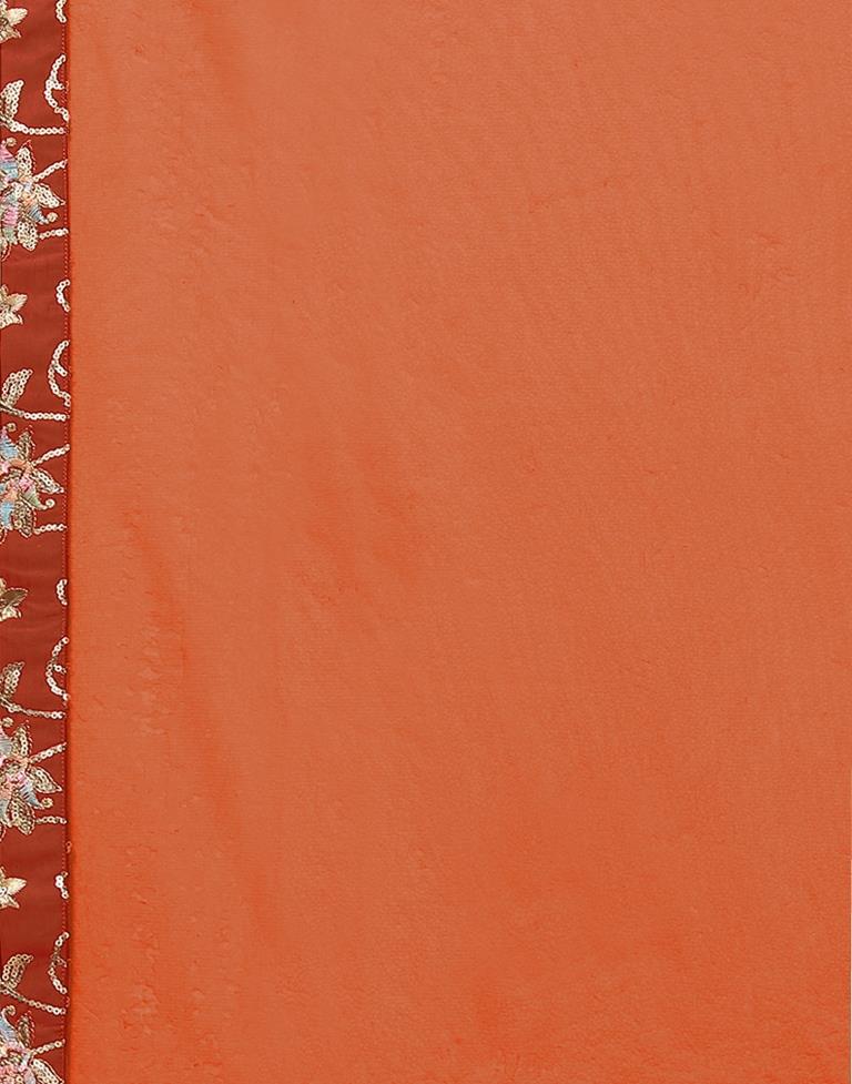Rust Orange Embroidery Chinnon A-Line Kurta With Pant And Dupatta