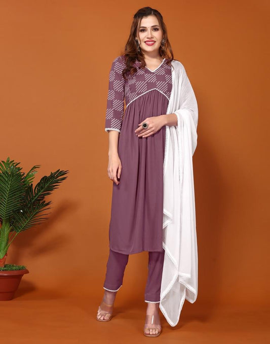 Rose Wood Plain Chinnon Flared Kurta Set With Dupatta