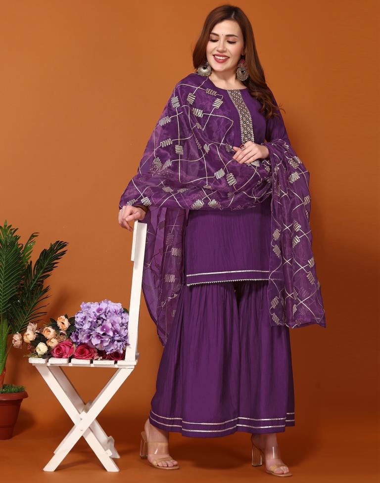 Purple Chinnon Embroidery Sharara Suit Kurti With Pant And Dupatta | Leemboodi