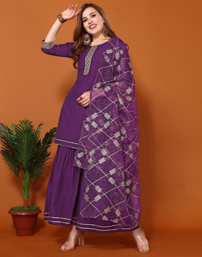 Purple Chinnon Embroidery Sharara Suit Kurti With Pant And Dupatta | Leemboodi