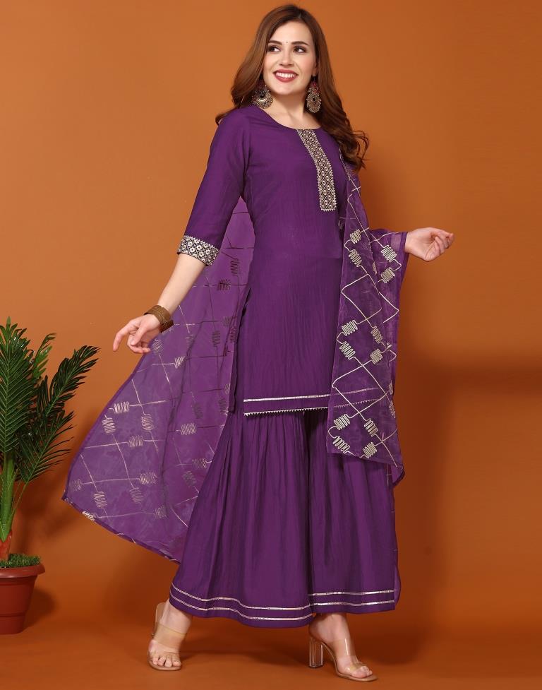 Purple Chinnon Embroidery Sharara Suit Kurti With Pant And Dupatta | Leemboodi