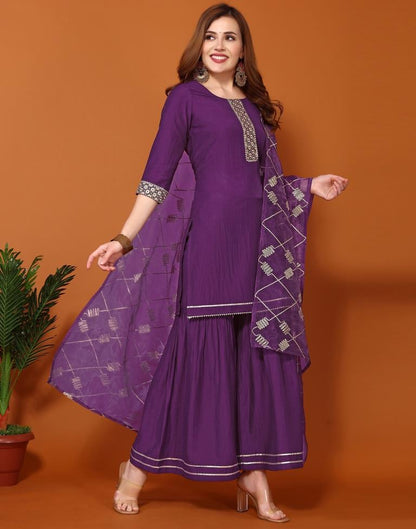 Purple Chinnon Embroidery Sharara Suit Kurti With Pant And Dupatta | Leemboodi