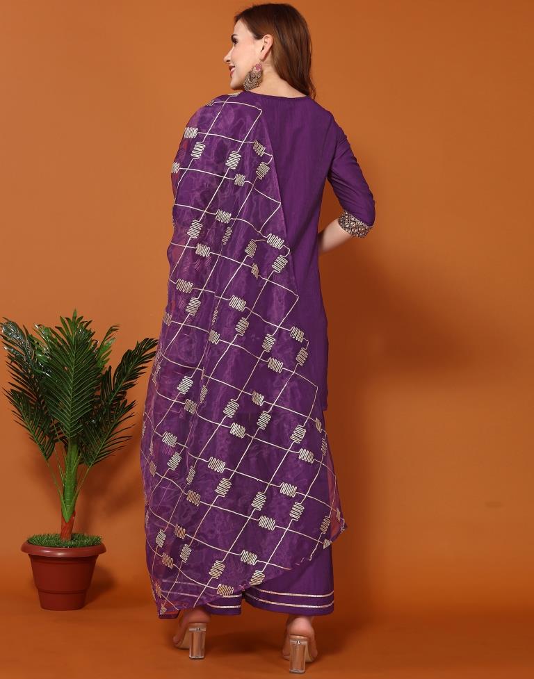 Purple Chinnon Embroidery Sharara Suit Kurti With Pant And Dupatta | Leemboodi