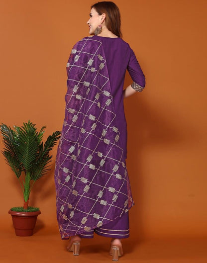 Purple Chinnon Embroidery Sharara Suit Kurti With Pant And Dupatta | Leemboodi