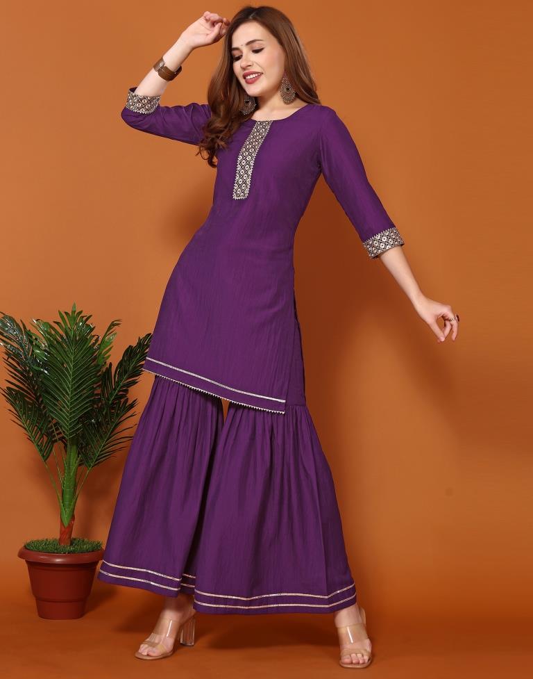 Purple Chinnon Embroidery Sharara Suit Kurti With Pant And Dupatta | Leemboodi