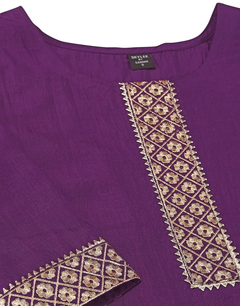 Purple Chinnon Embroidery Sharara Suit Kurti With Pant And Dupatta | Leemboodi