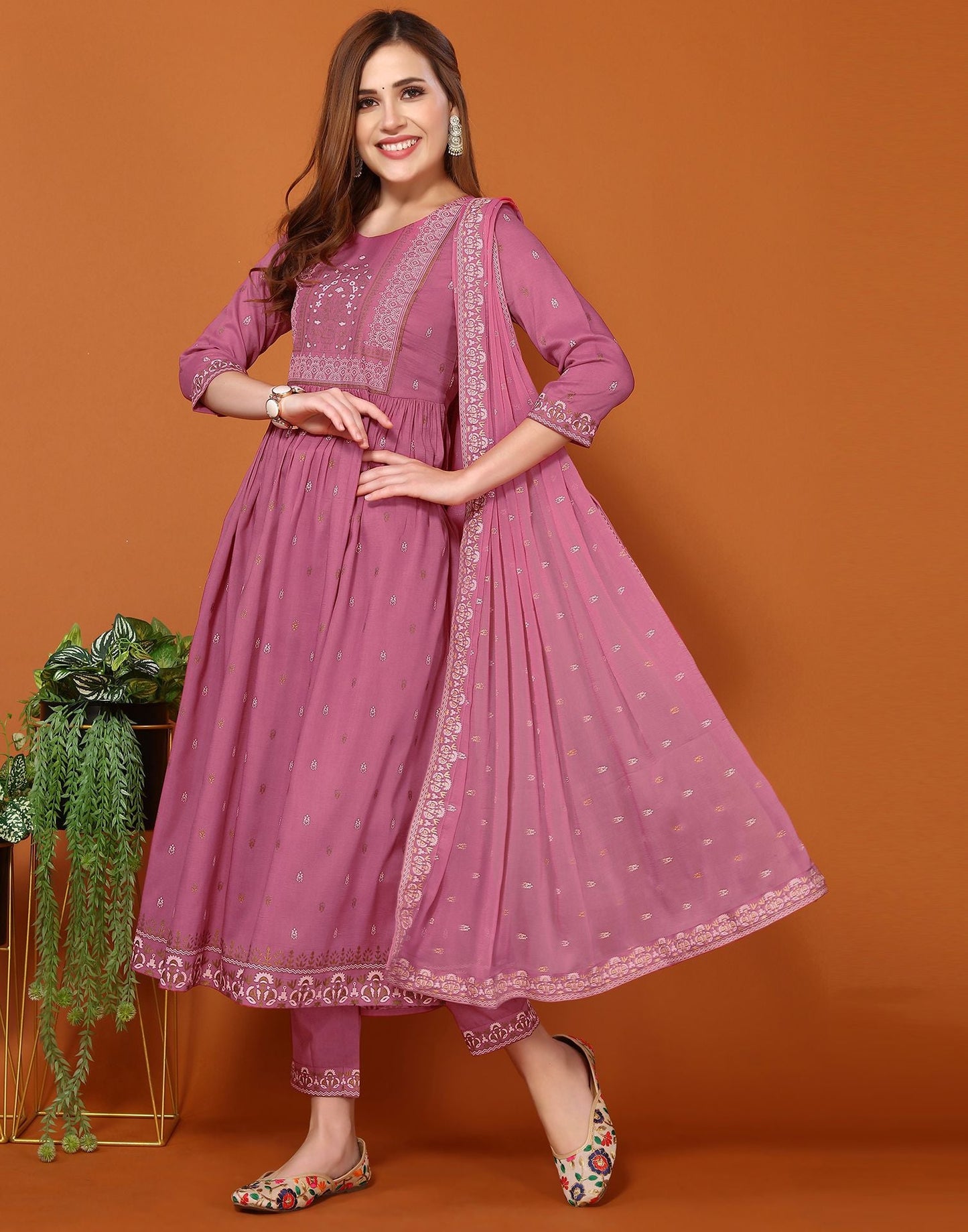 Dusty Pink Printed Chinnon A-Line Kurta Set With Dupatta