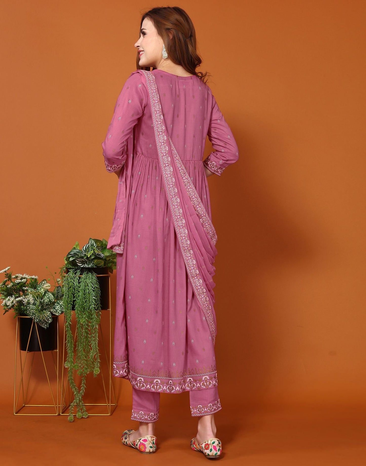 Dusty Pink Printed Chinnon A-Line Kurta Set With Dupatta