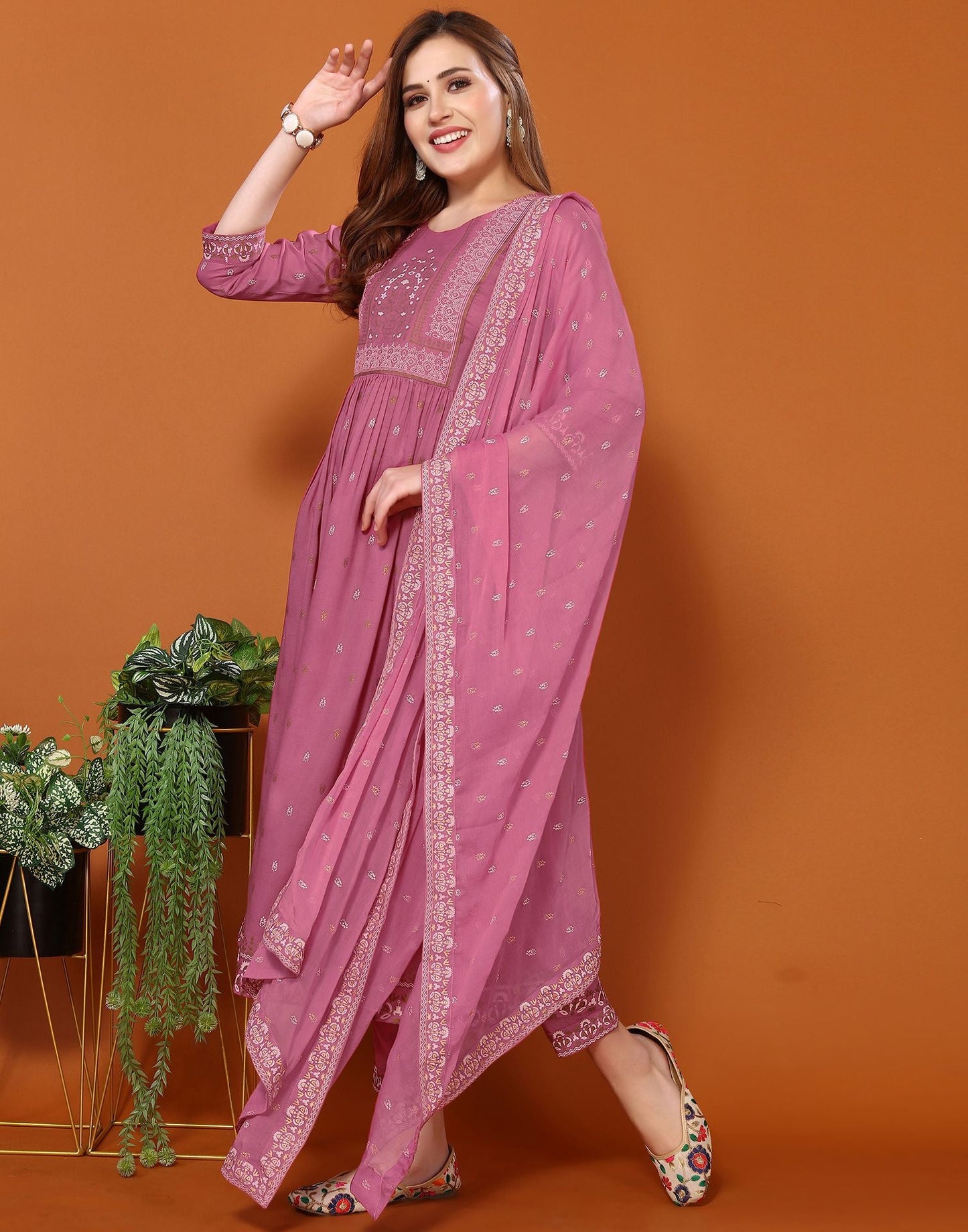 Dusty Pink Printed Chinnon A-Line Kurta Set With Dupatta