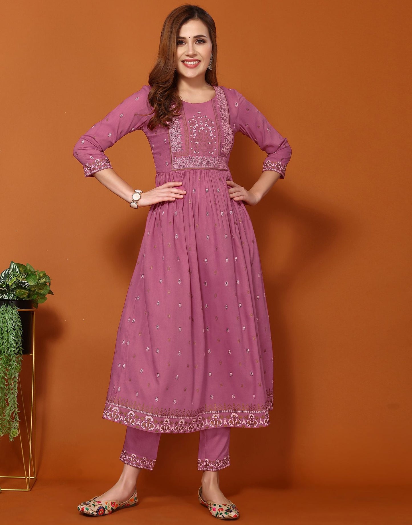 Dusty Pink Printed Chinnon A-Line Kurta Set With Dupatta