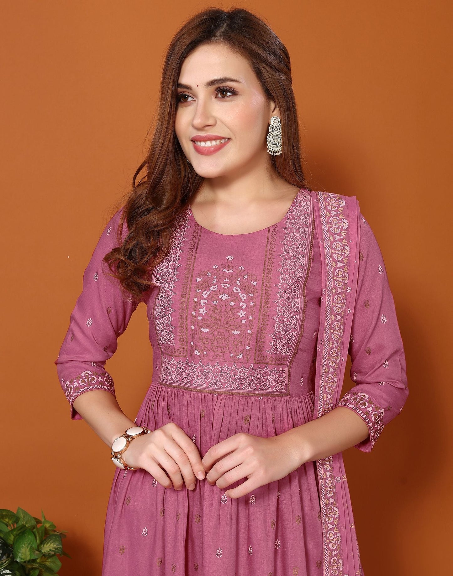 Dusty Pink Printed Chinnon A-Line Kurta Set With Dupatta