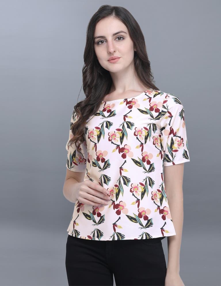Distinctive Off White Coloured Printed Crepe Tops | Sudathi