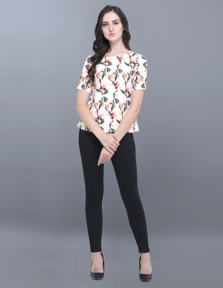 Distinctive Off White Coloured Printed Crepe Tops | Sudathi