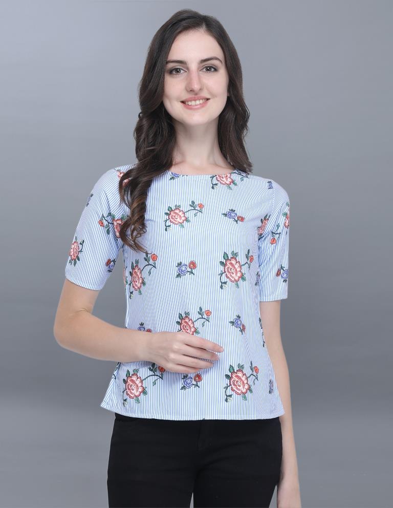 Engrossing Blue Coloured Printed Crepe Tops | Sudathi