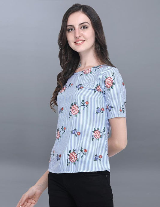 Engrossing Blue Coloured Printed Crepe Tops | Sudathi