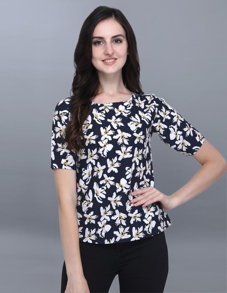 Classic Blue Coloured Printed Crepe Top | Sudathi