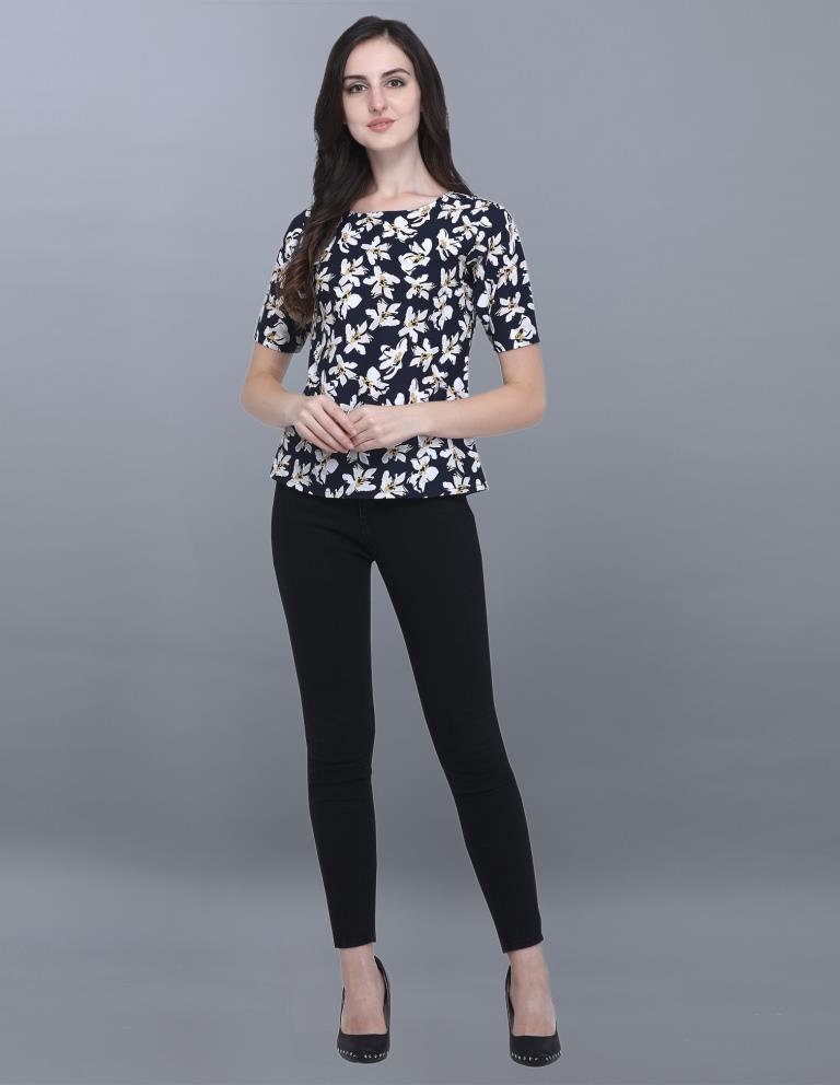 Classic Blue Coloured Printed Crepe Top | Sudathi