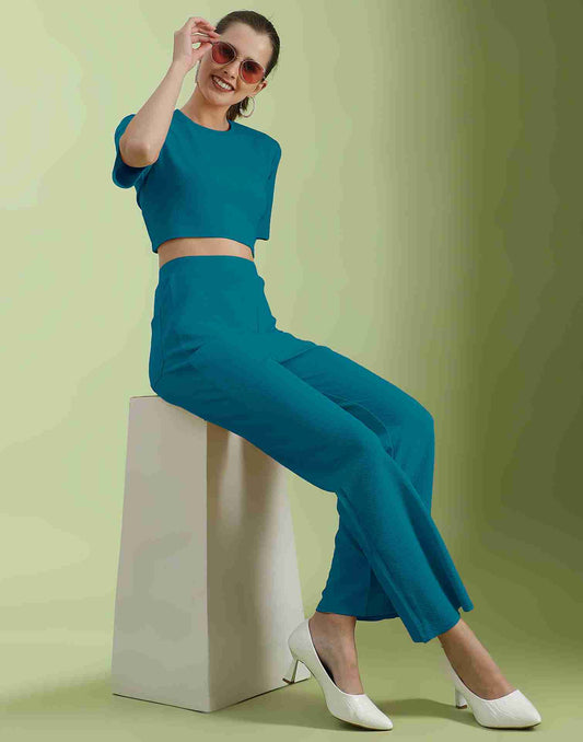 Blue Lycra Plain Co-ord Set
