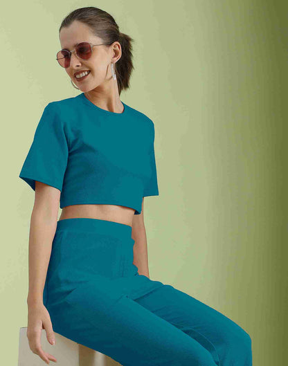 Blue Lycra Plain Co-ord Set