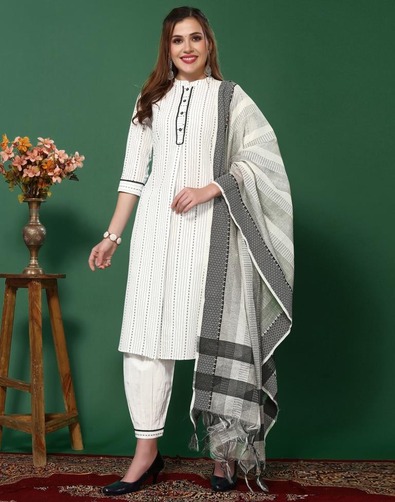 White Cotton Woven Straight Kurta With Pant And Dupatta