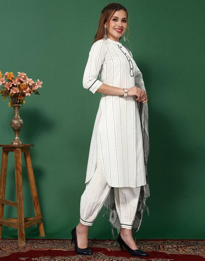 White Cotton Woven Straight Kurta With Pant And Dupatta