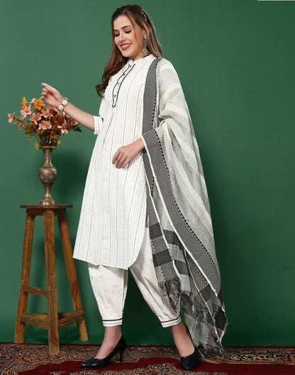 White Cotton Woven Straight Kurta With Pant And Dupatta