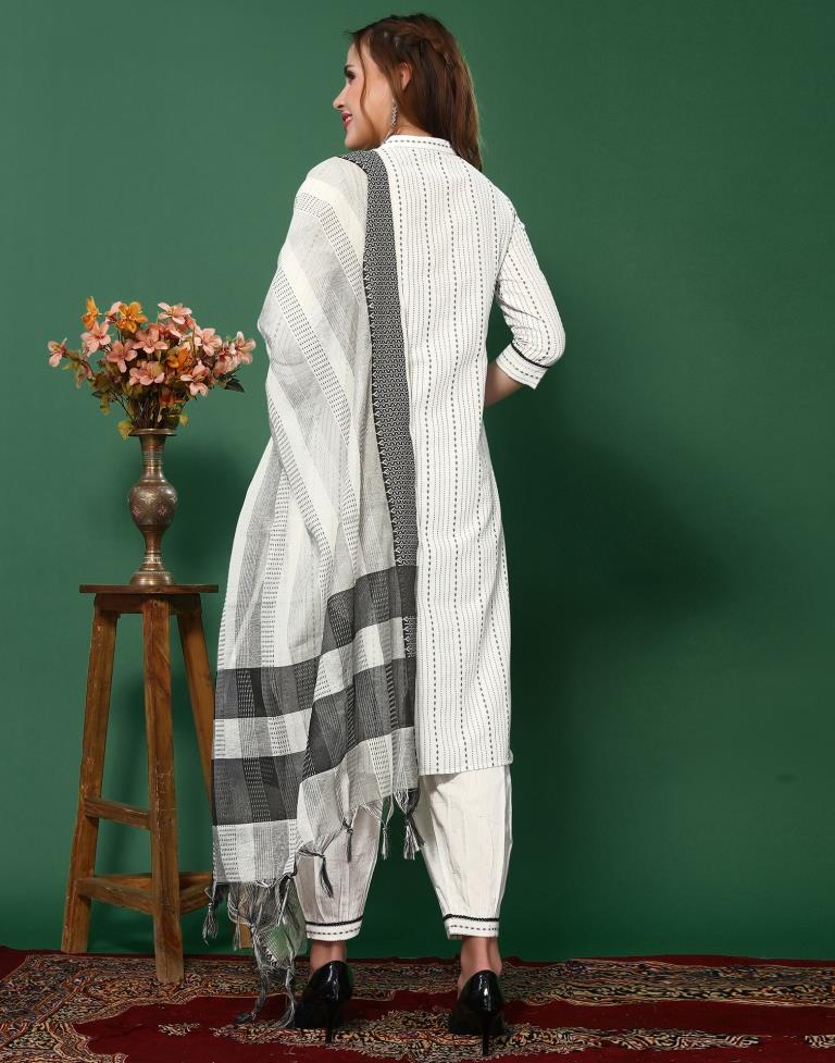 White Cotton Woven Straight Kurta With Pant And Dupatta