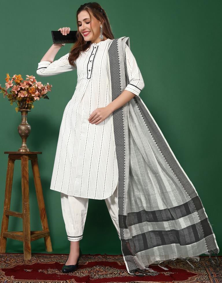 White Cotton Woven Straight Kurta With Pant And Dupatta