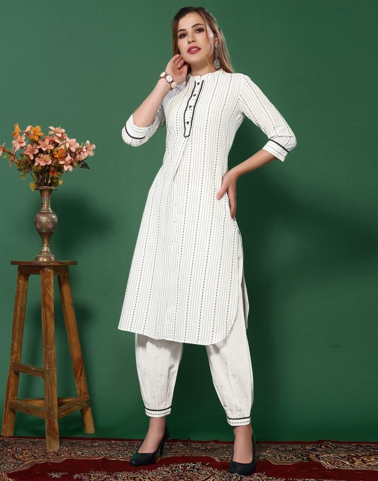 White Cotton Woven Straight Kurta With Pant And Dupatta