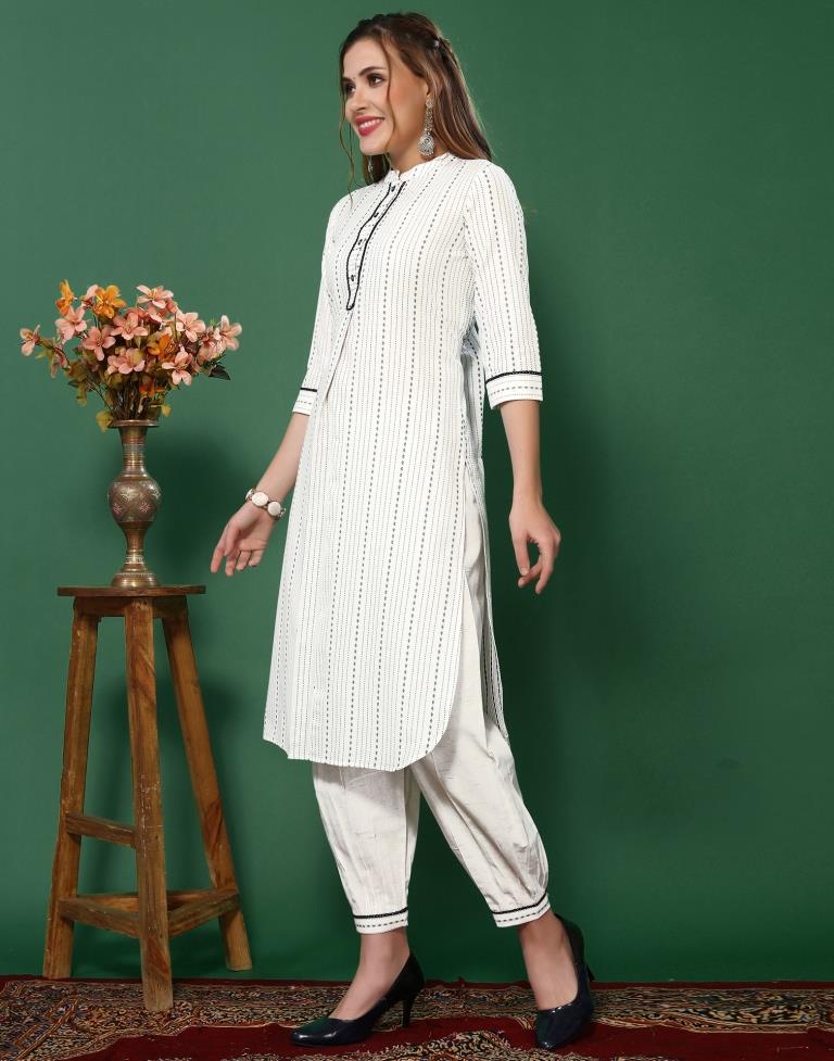 White Cotton Woven Straight Kurta With Pant And Dupatta