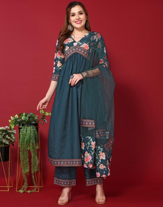 Teal V-Neck Gathered Kurta With Pant And Dupatta