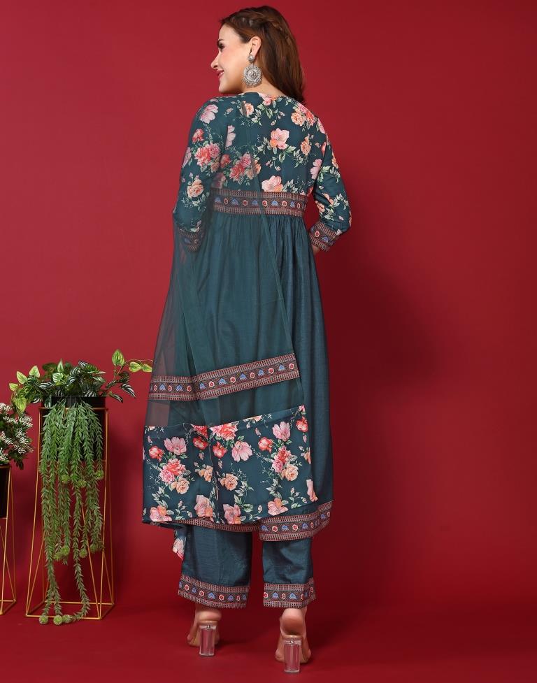 Teal V-Neck Gathered Kurta With Pant And Dupatta