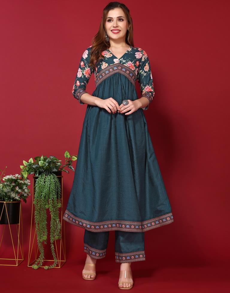 Teal V-Neck Gathered Kurta With Pant And Dupatta