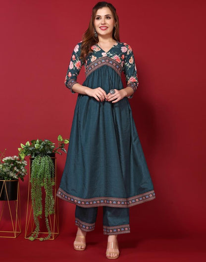 Teal V-Neck Gathered Kurta With Pant And Dupatta