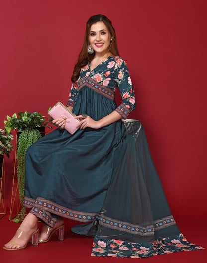 Teal V-Neck Gathered Kurta With Pant And Dupatta