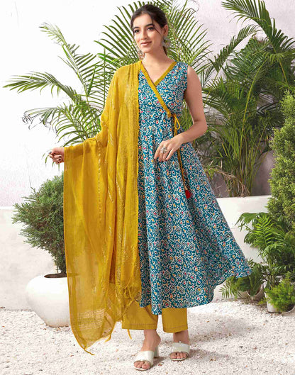 Teal Blue Cotton Printed Flared Kurta Set With Dupatta