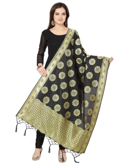 Flamboyant Black Coloured Poly Silk Jacquard Banarasi Dupatta | Sudathi